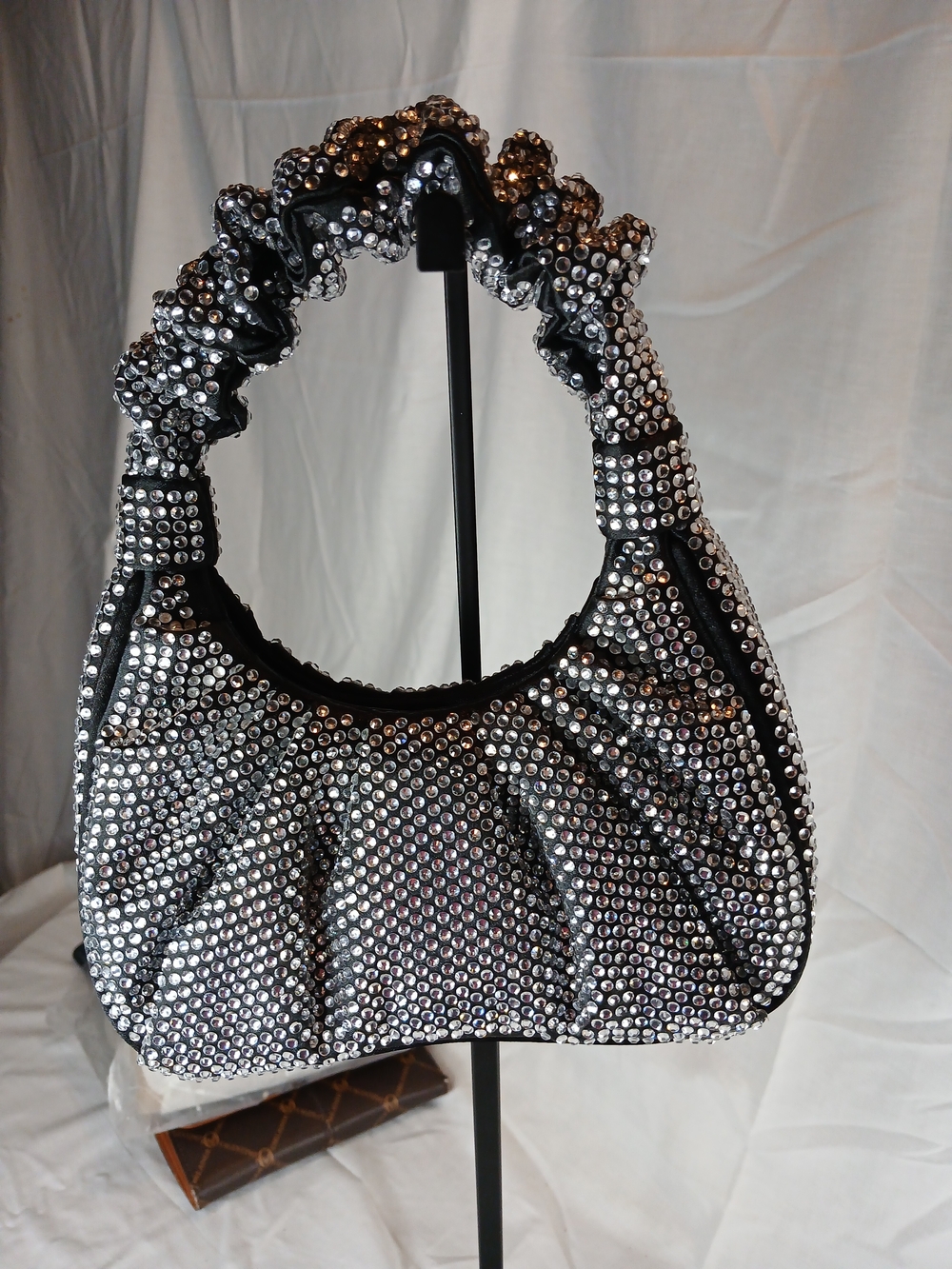 JW Pei Embellished Black Crystal Ruched Handle Shoulder Bag Lined Evening Bag